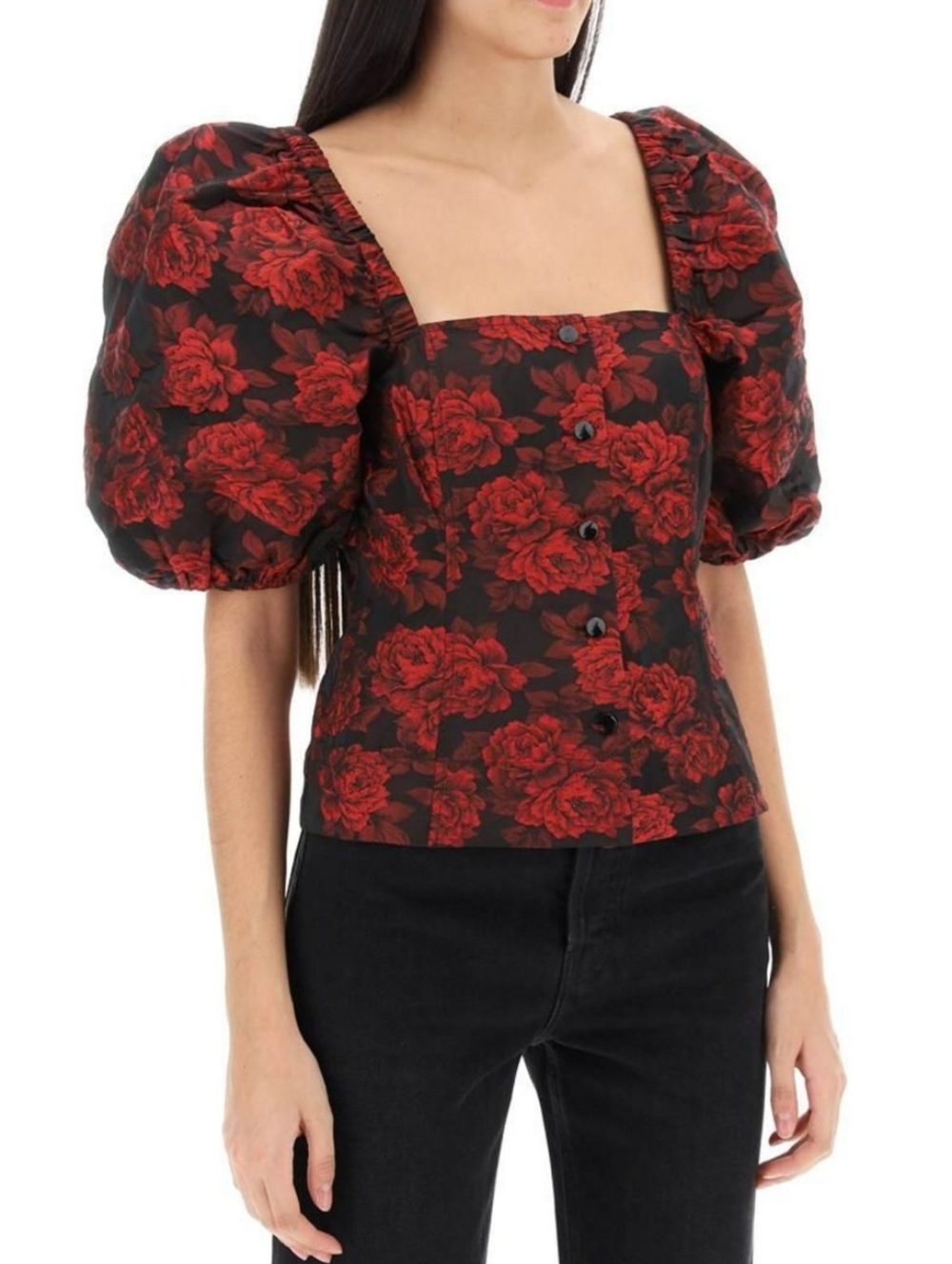 GANNI Jacquard Floral Red Black Button Blouse Puff Sleeves Size 36